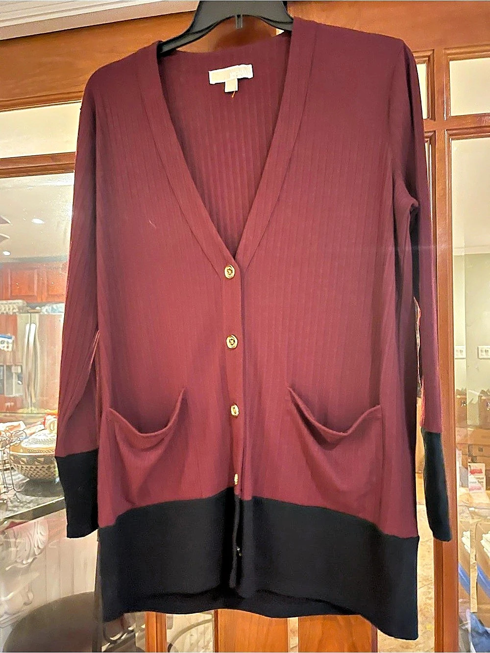 Michael Kors Color Block Cardigan in Burgundy & Black Size Large Like New